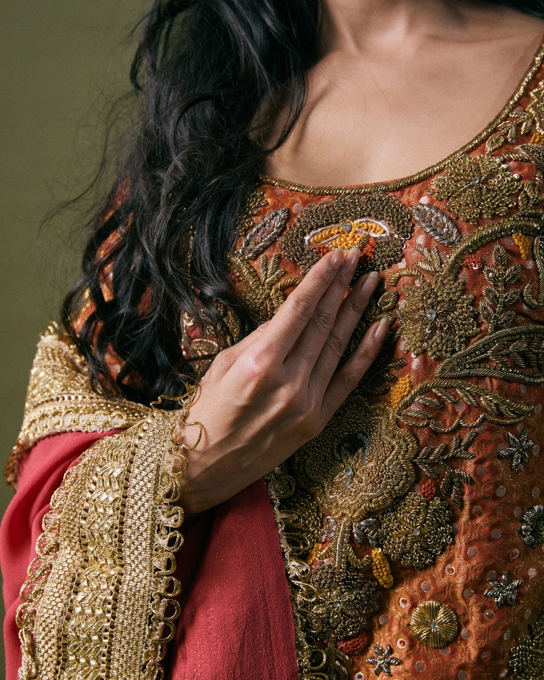Orange Silk Kurta with Plain Blue Silk Lehenga and Matching Orange Dupatta with Lace Border