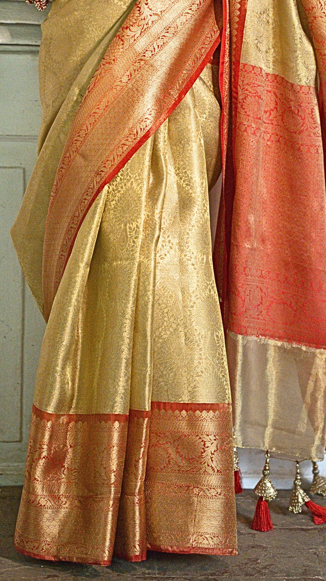 Gold Pure Banarasi Silk Saree with Orange Zari Border and Contrast Ora ...