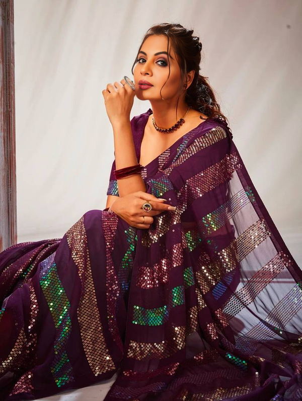 Purple Georgette Saree with All Over Sequin Work