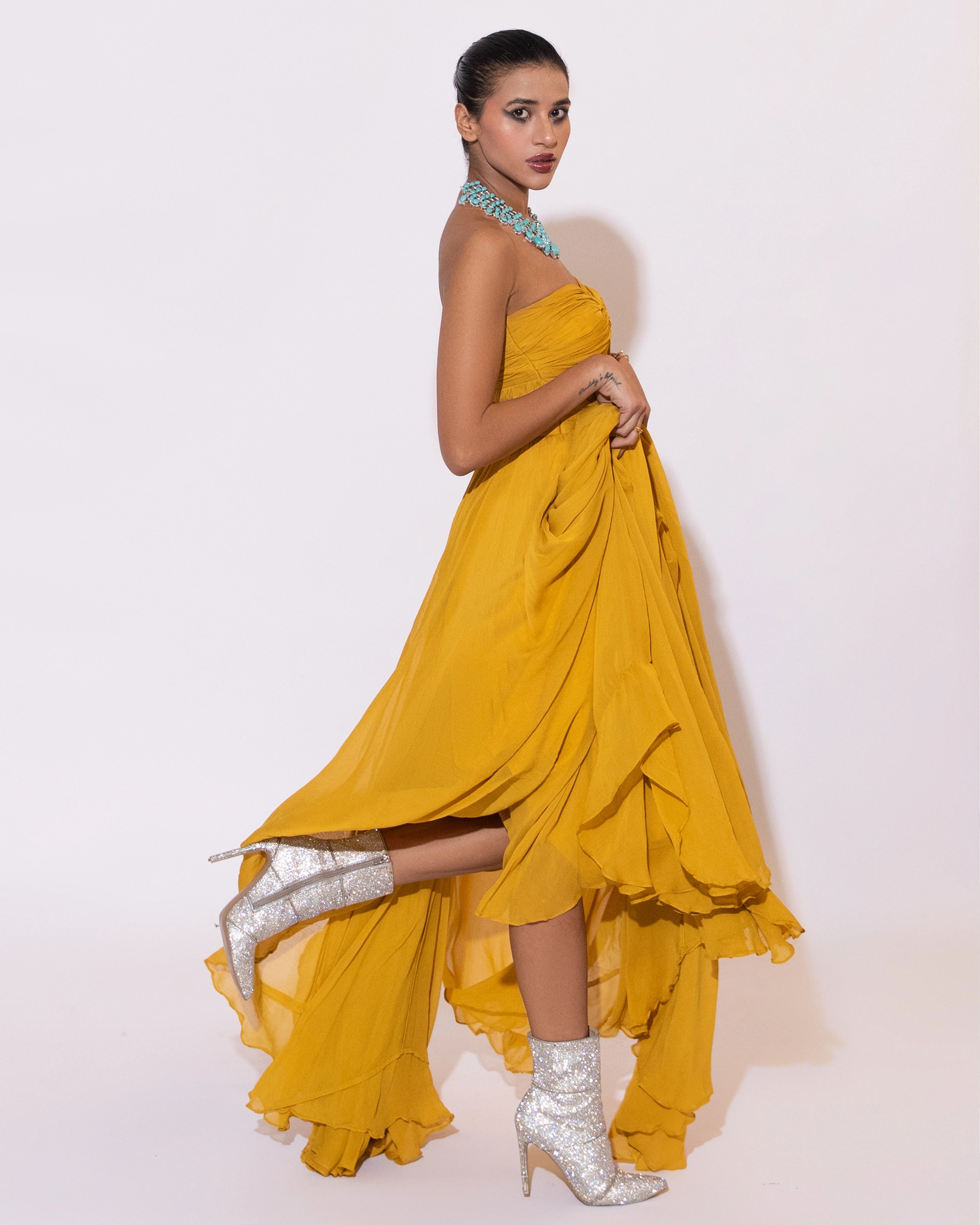 Yellow Georgette Flowing Strapless Gown with Strapless Bodice Dress