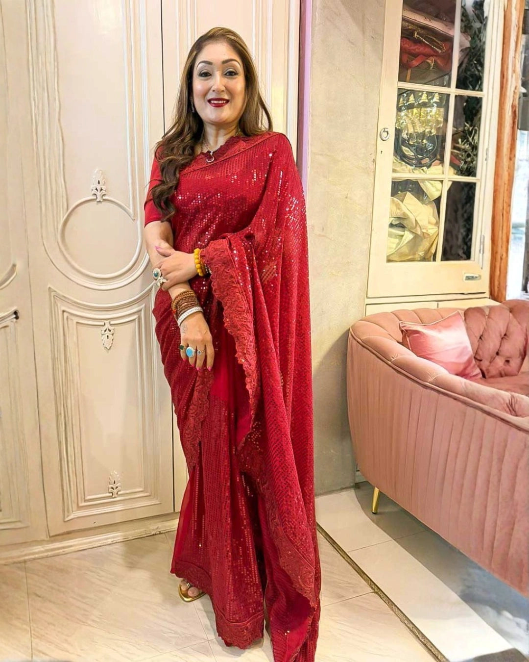 Red All-Over Sequin Saree with Feather-Like Thread Pallu Heavy Self Embroidery Border - Label Nonita