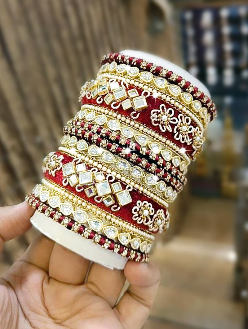 Radiant Red Shagun Bangles with Zarkan, Mirror & Zari Details - Nonita Fashion