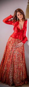 Shez Embroidered Red Designer Lehenga Set with Ruffle Blouse – Multi-Occasion Indo-Western Fusion Wear Label Nonita