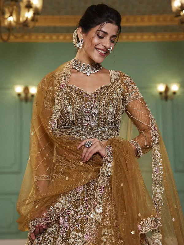 Antique Gold Net Lehenga with Multicolor Floral Embroidery and crystal, sequins, and thread Work
