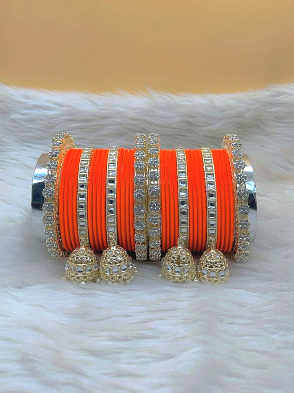 Kashish Orange Gold Plated Kundan Stone & Jhumar Bangles Set