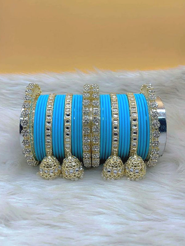 Kashish Sky Blue Gold Plated Kundan Stone & Jhumar Bangles Set