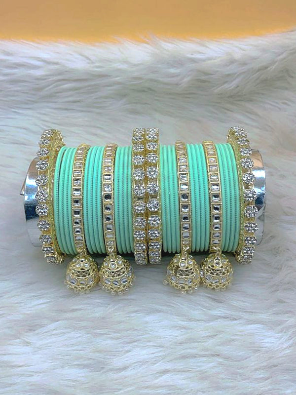 Kashish Mint Green Gold Plated Kundan Stone & Jhumar Bangles Set