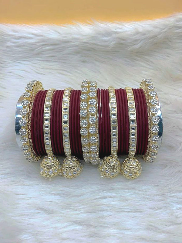 Kashish Maroon Gold Plated Kundan Stone & Jhumar Bangles Set