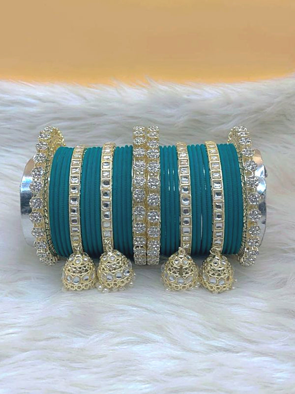 Kashish Rama Green Gold Plated Kundan Stone & Jhumar Bangles Set