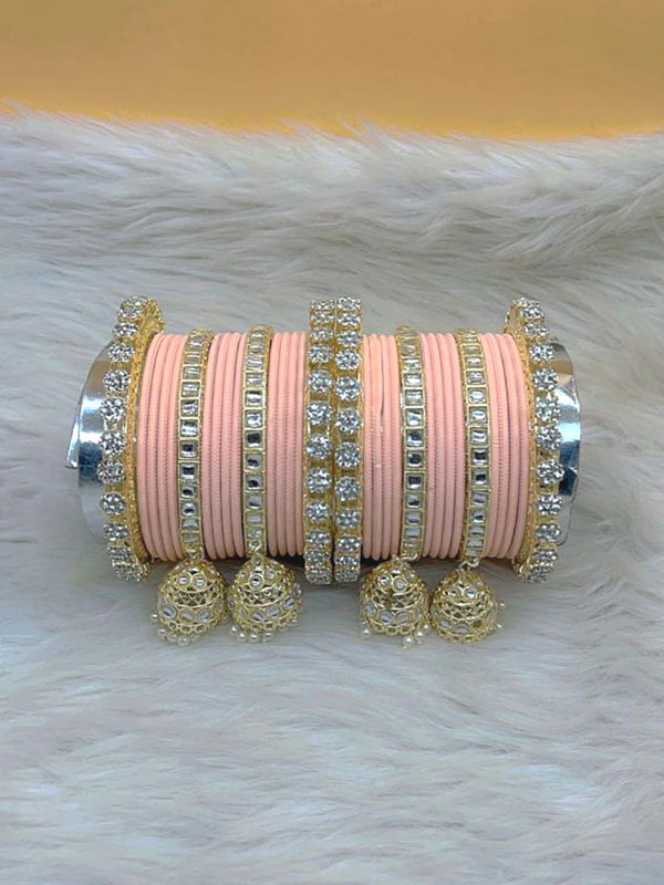 Kashish Peach Gold Plated Kundan Stone & Jhumar Bangles Set