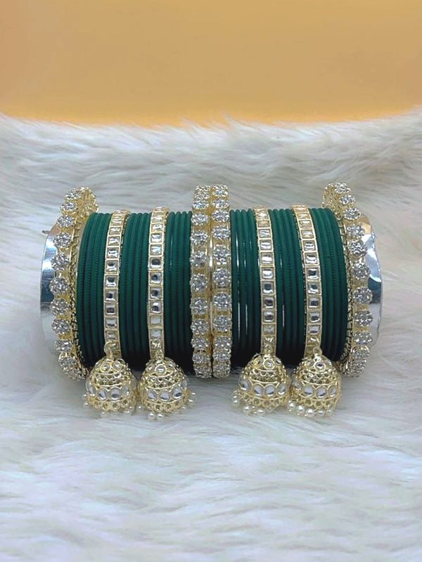 Kashish Dark Green Gold Plated Kundan Stone & Jhumar Bangles Set