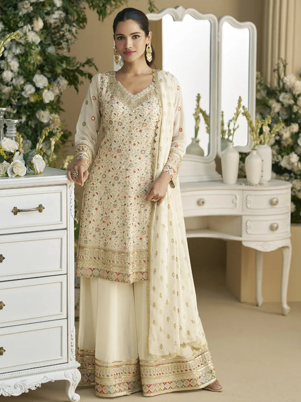 Beige Georgette Sharara with All Over Multi Colored Threads Embroidery and Golden Zari work
