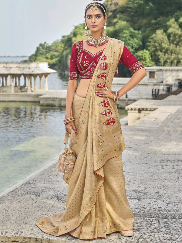 Beige Kanchipuram Silk Saree with mirror and thread Work
