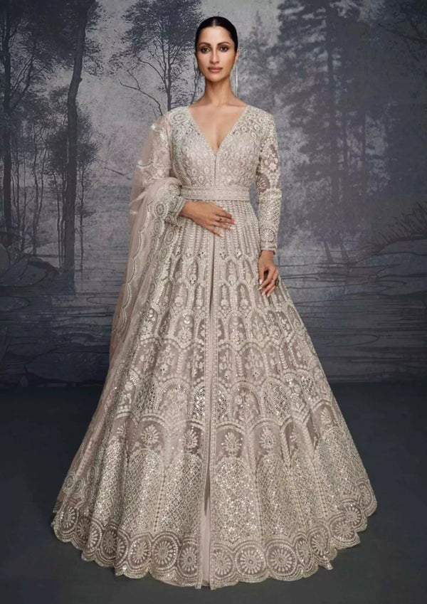 Beige Net Lehenga with Heavy Zari embroidery Mirror Sequin work and Floral Design
