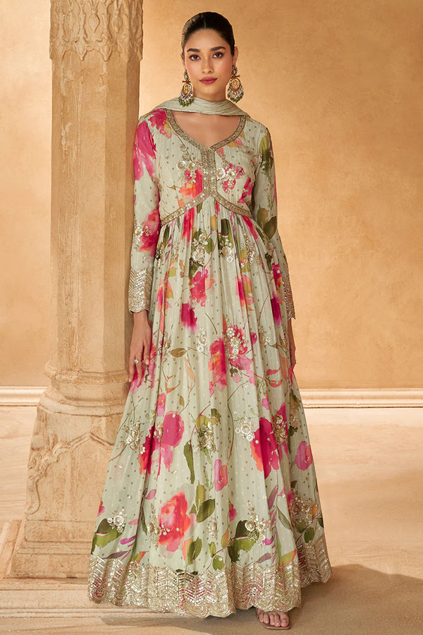 Beige Silk Anarkali Gown with Floral Print and Sequin Embroidery Work
