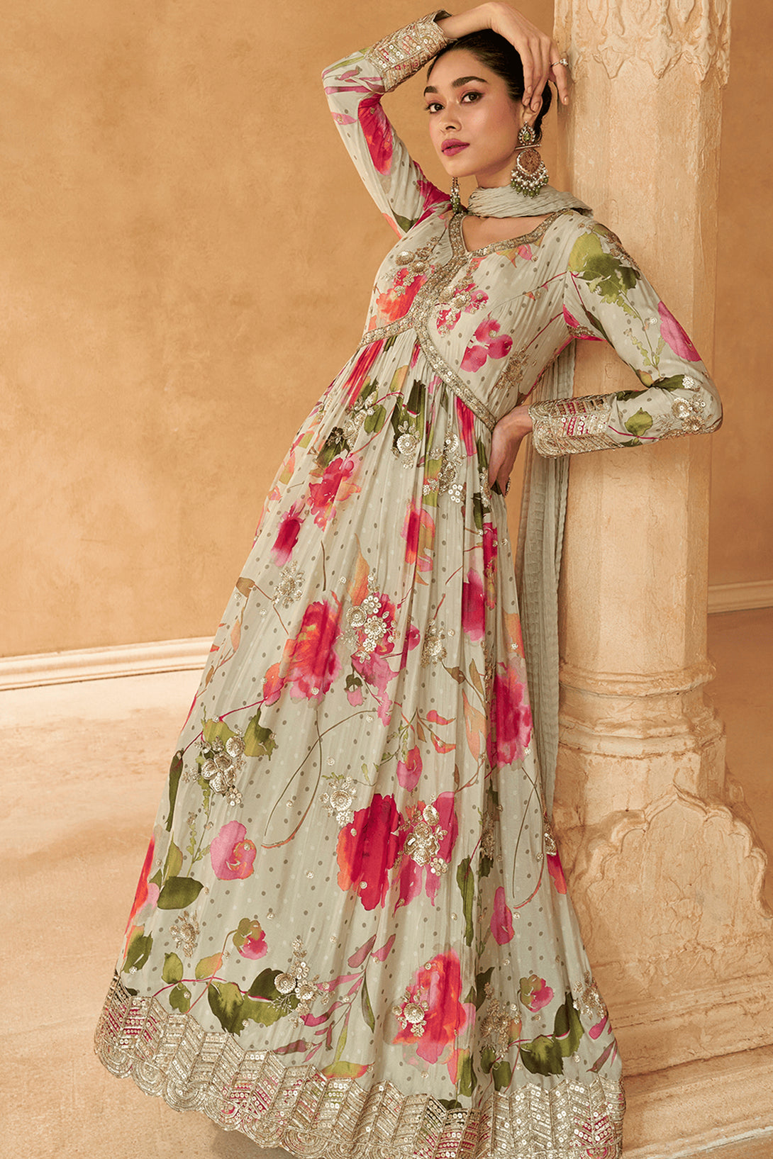 Beige Silk Anarkali Gown with Floral Print and Sequin Embroidery Work
