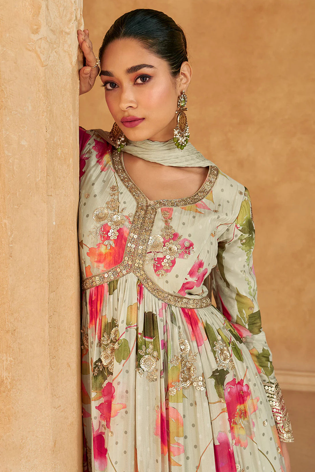 Beige Silk Anarkali Gown with Floral Print and Sequin Embroidery Work
