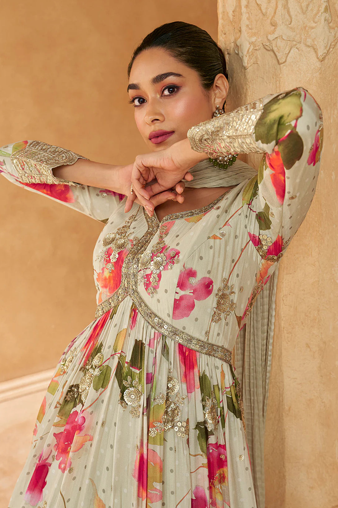 Beige Silk Anarkali Gown with Floral Print and Sequin Embroidery Work
