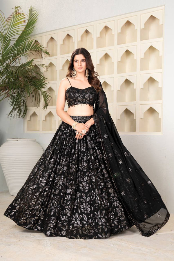 Black Georgette Lehenga with Heavy Sequin Embroidery and Stone Work
