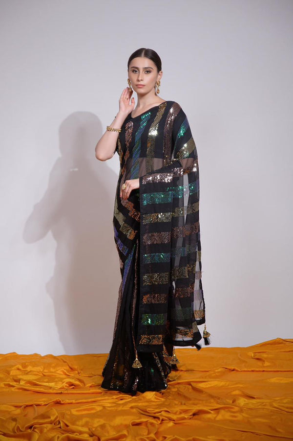 Black Georgette Saree with All Over Sequin Work

