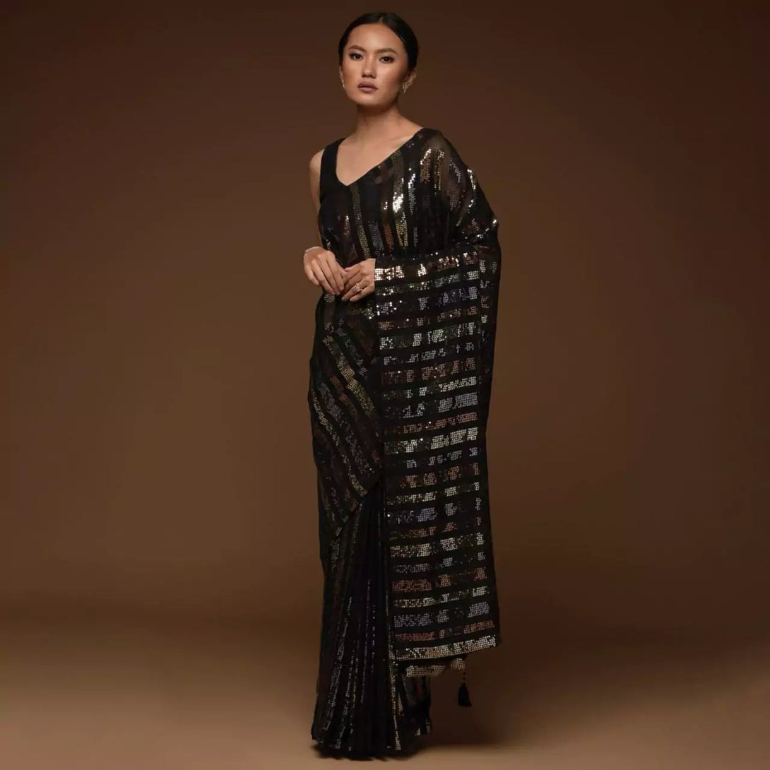 Black Georgette Saree with All Over Sequin Work 