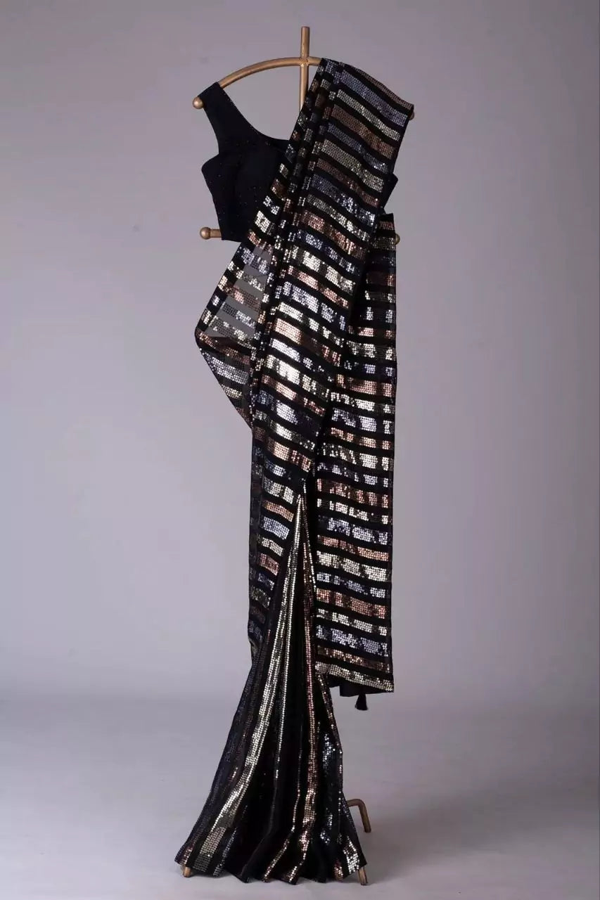Black Georgette Saree with All Over Sequin Work 
