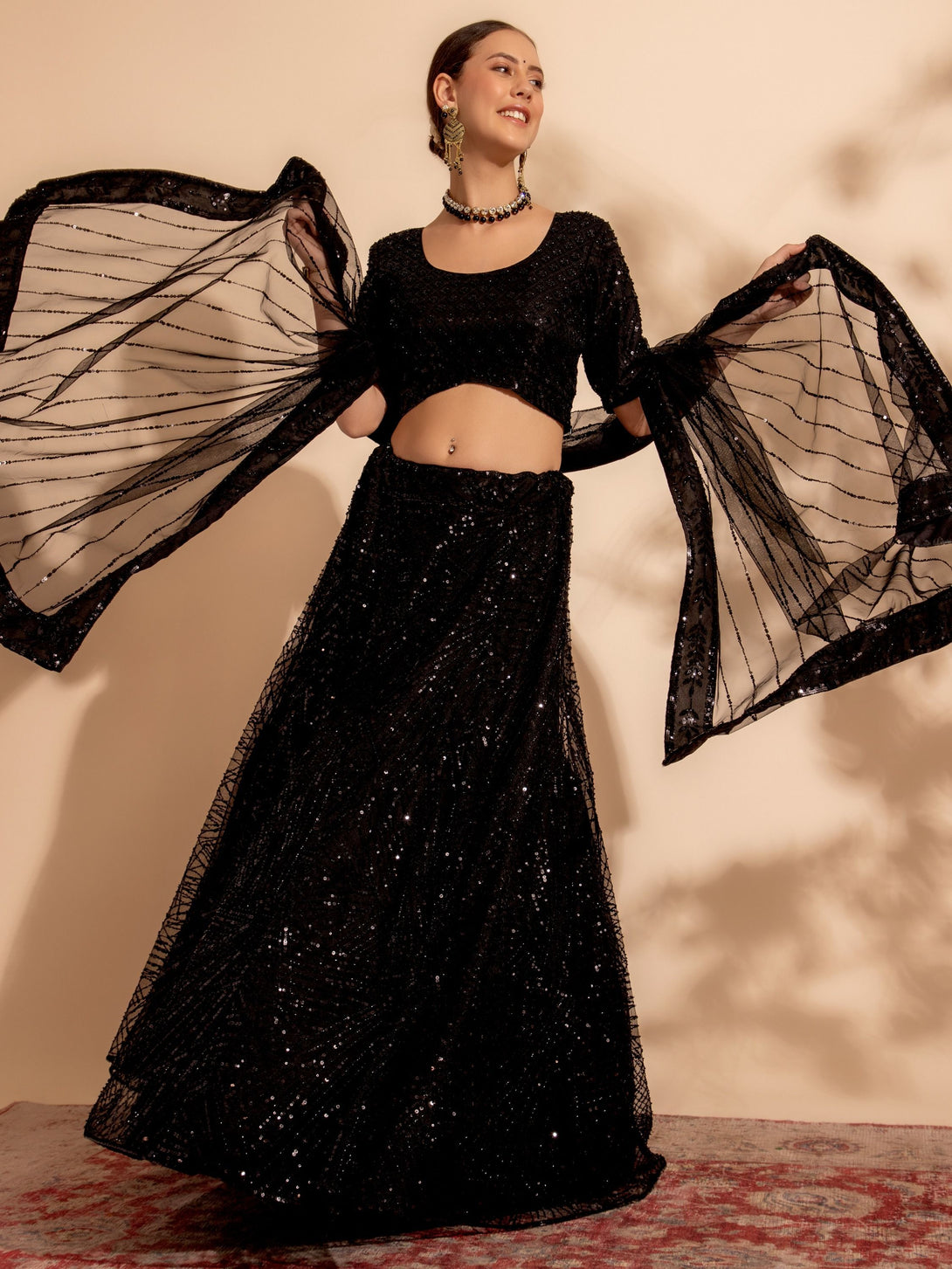 Black Net Lehenga with All Over Sequins, Bead, Thread Embroidery Modern and elegant Design work

