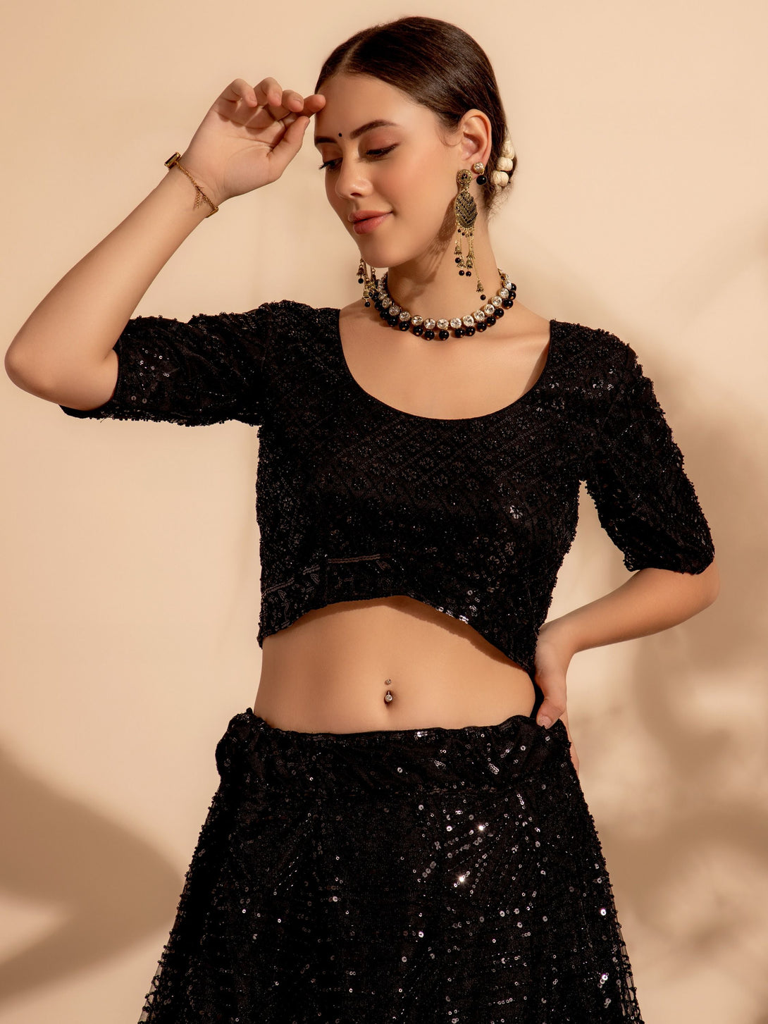 Black Net Lehenga with All Over Sequins, Bead, Thread Embroidery Modern and elegant Design work
