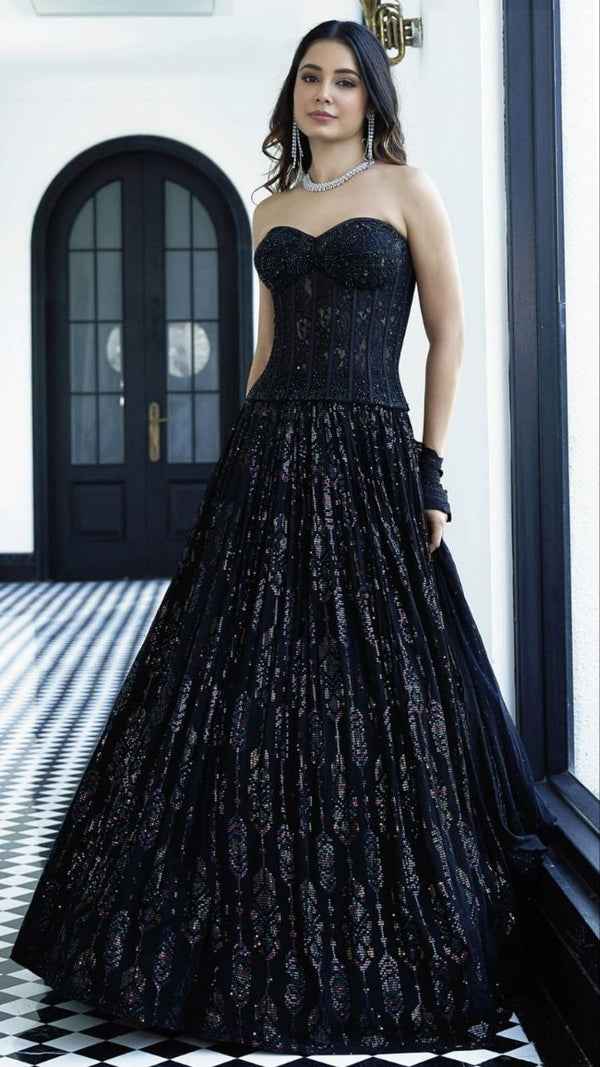 Black Net Lehenga with Sequin and Bead Embroidery work
