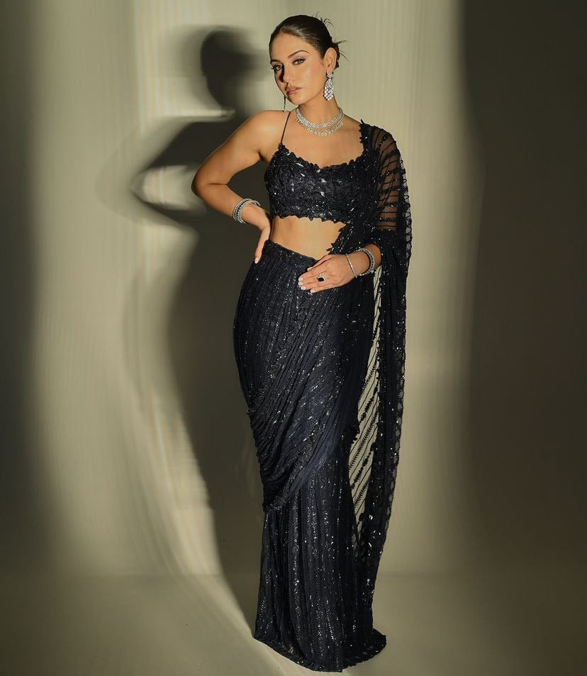 Black Net Saree with Sequin Embroidery Work
