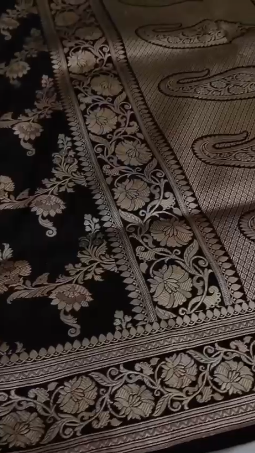 Black Rose Handloom Banarasi Katan Silk Saree with Zari Work
