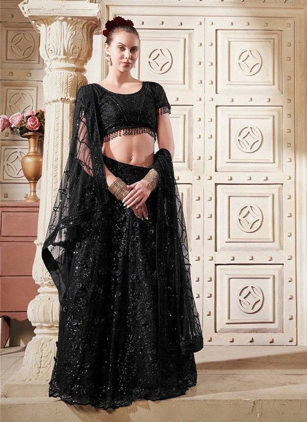 Black Velvet Net Lehenga with Heavy Sequin Thread Embroidery Designer and Stone Work
