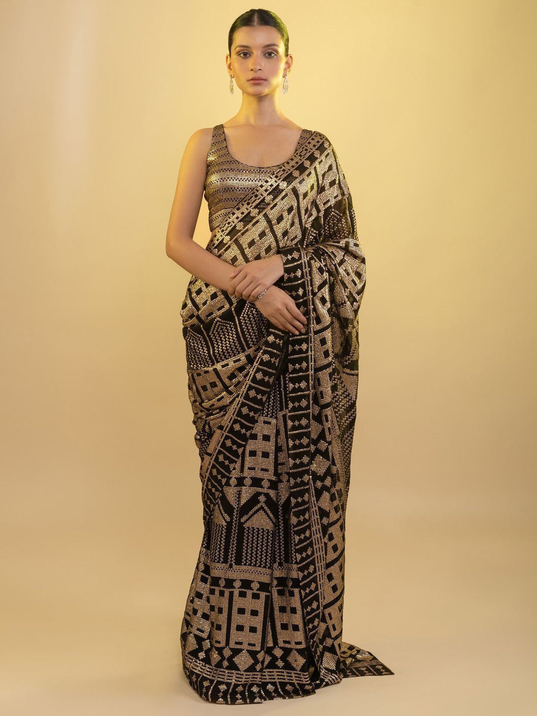 Black and Gold Georgette Saree with All Over Sequin Embroidery Work
