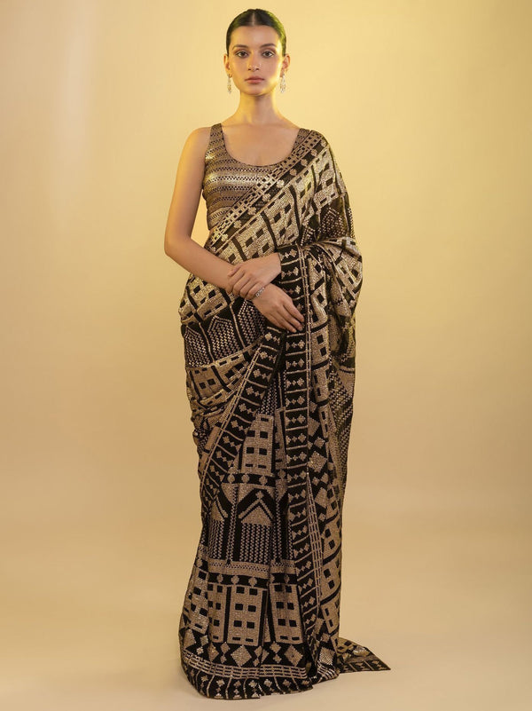 Black and Gold Georgette Saree with All Over Sequin Embroidery Work