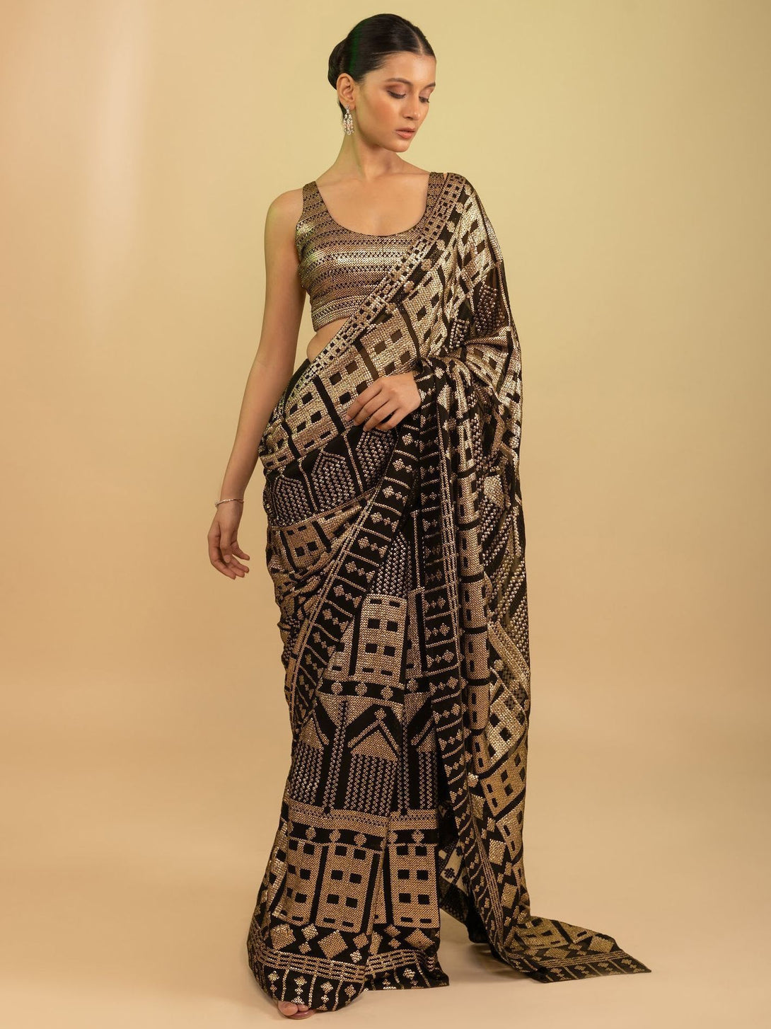 Black and Gold Georgette Saree with All Over Sequin Embroidery Work
