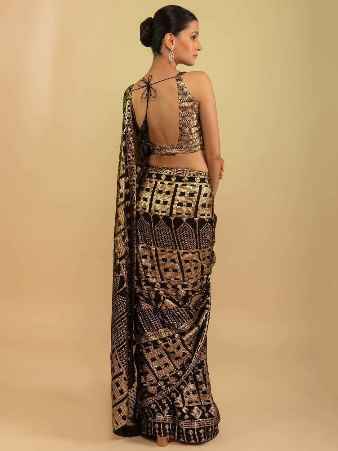Black and Gold Georgette Saree with All Over Sequin Embroidery Work
