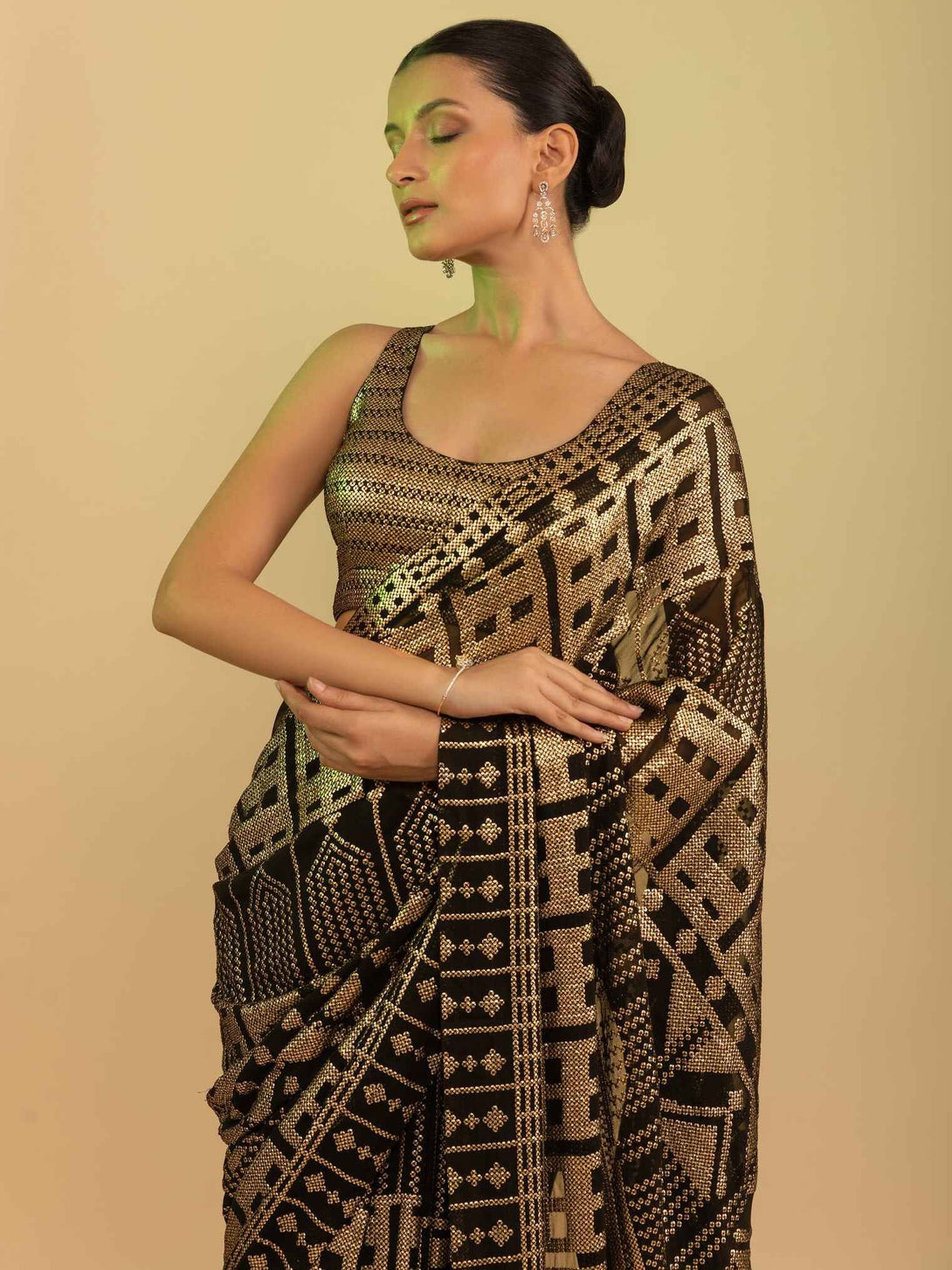Black and Gold Georgette Saree with All Over Sequin Embroidery Work
