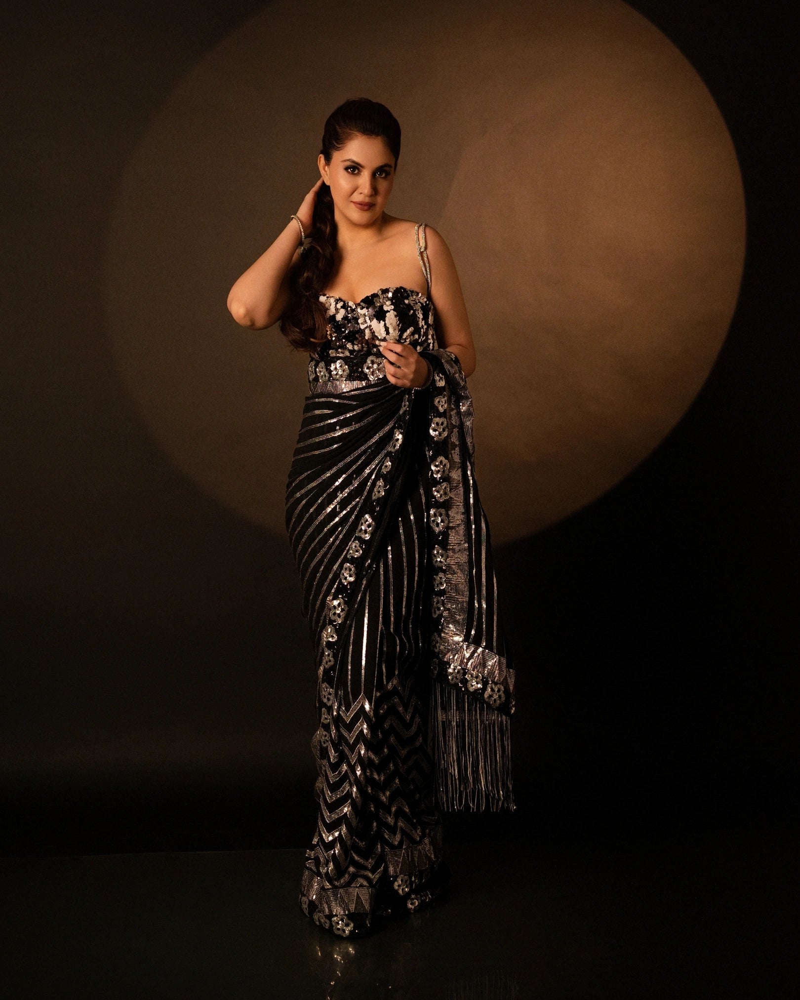 Black and Silver All-Over Chevron Sequin Saree with Silver Embroidery Blouse