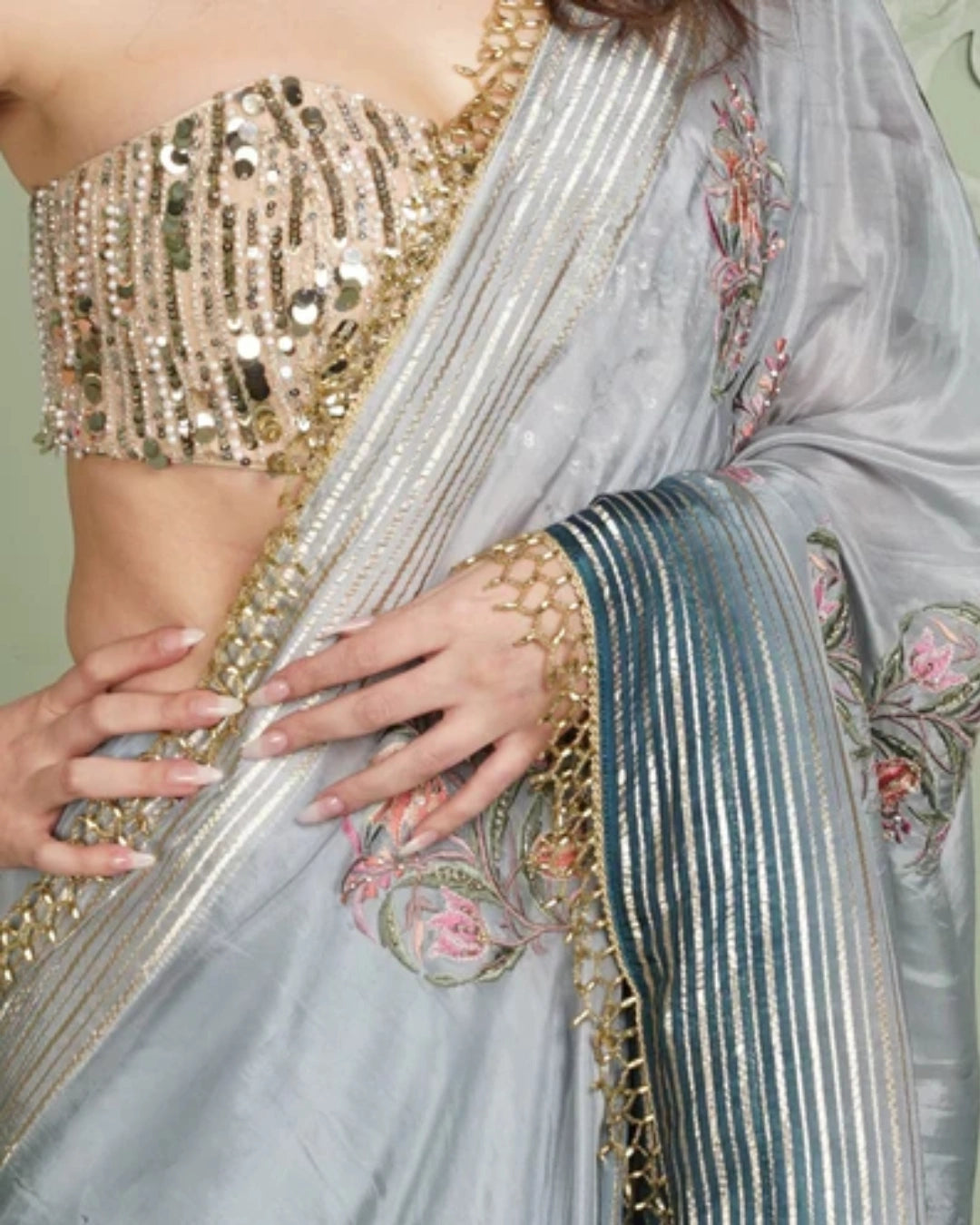 Blue Bell Pure Tissue Silk Saree with Thread Embroidery and Ornate Floral Design