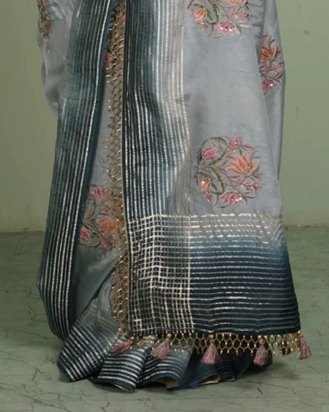 Blue Bell Pure Tissue Silk Saree with Thread Embroidery and Ornate Floral Design