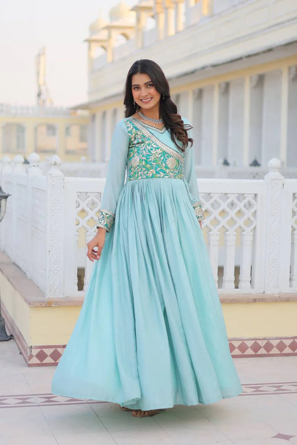 Blue Anarkali Salwar Kameez with Yoke Design and Mirror Embroidery
