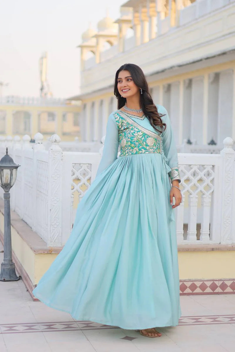 Blue Anarkali Salwar Kameez with Yoke Design and Mirror Embroidery
