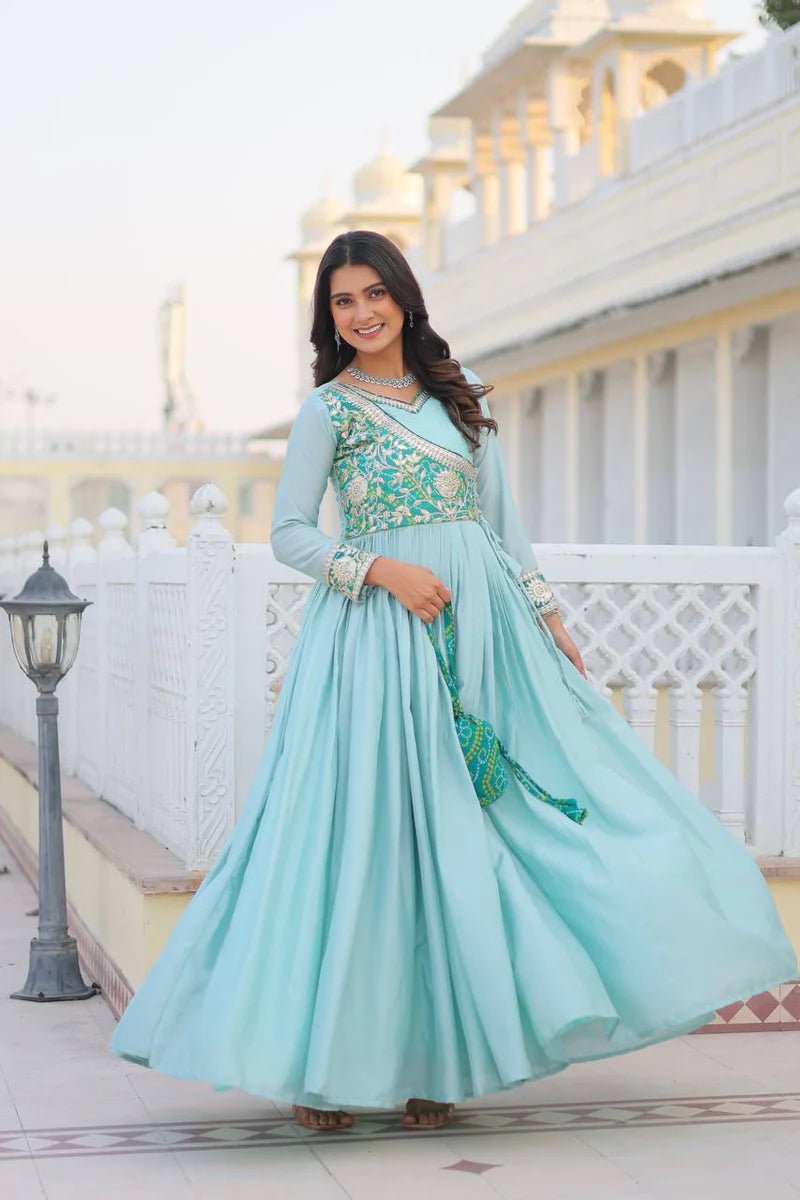 Blue Anarkali Salwar Kameez with Yoke Design and Mirror Embroidery
