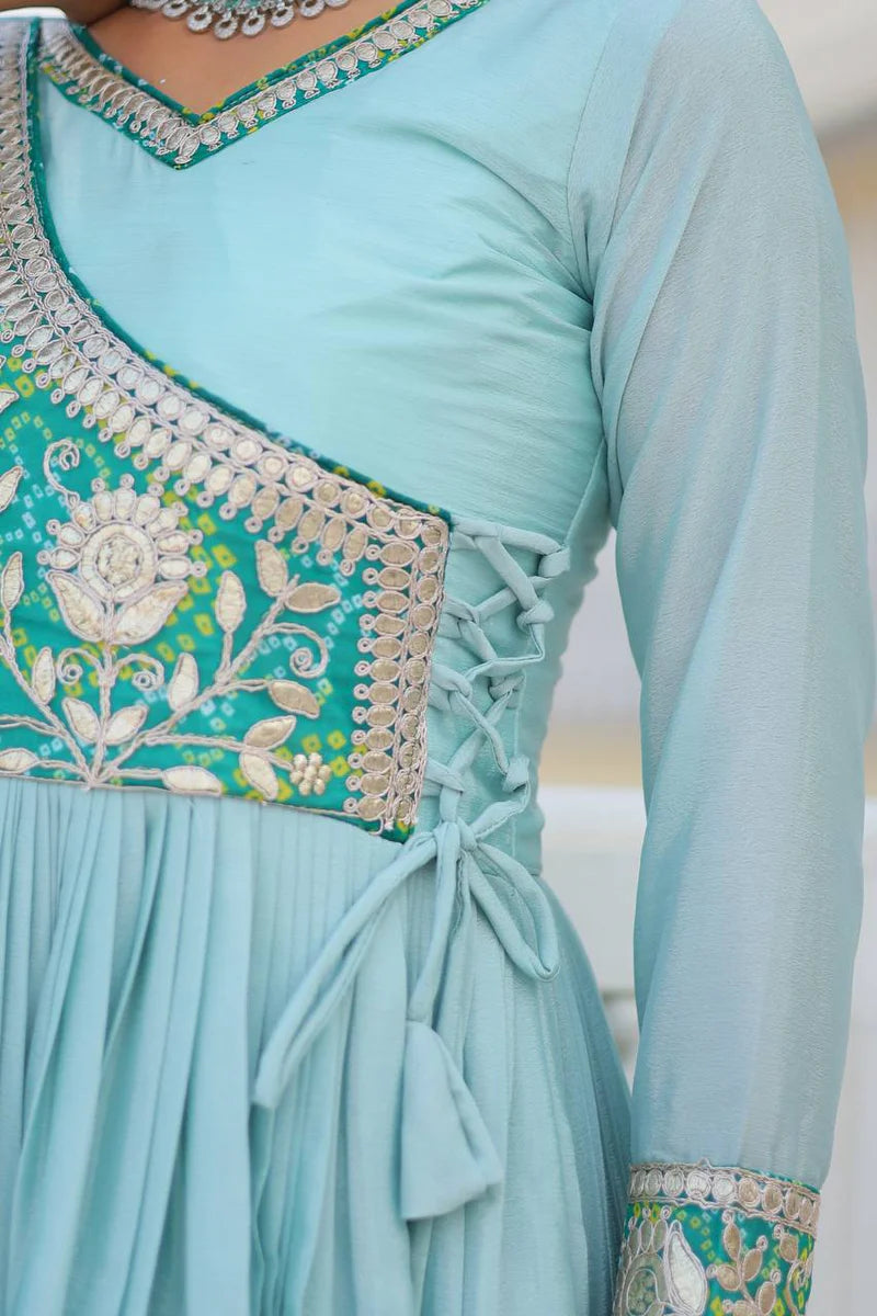 Blue Anarkali Salwar Kameez with Yoke Design and Mirror Embroidery

