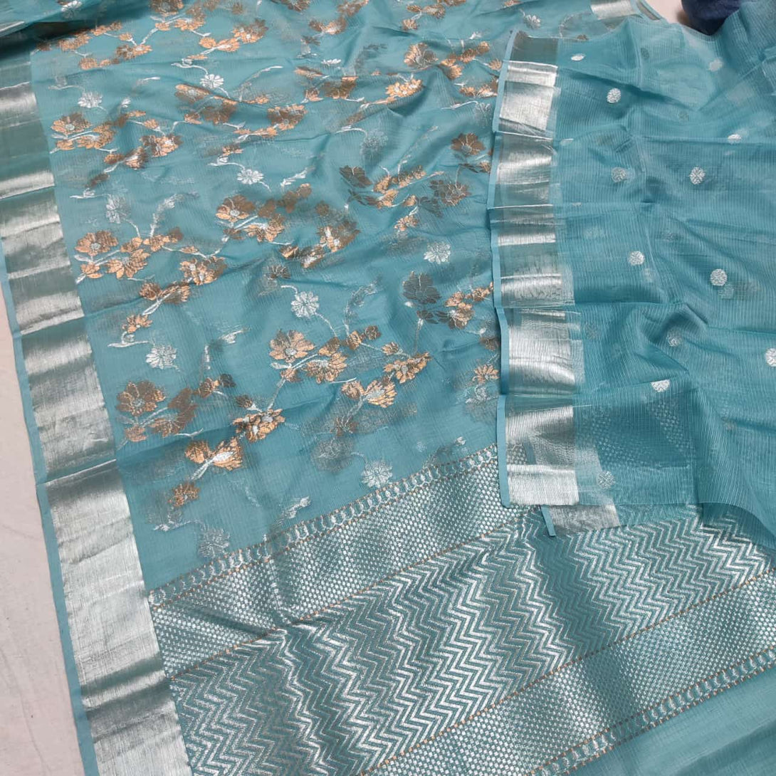 Blue Floral Motifs Handloom Silk Saree with Silver Detailing Zari Work
