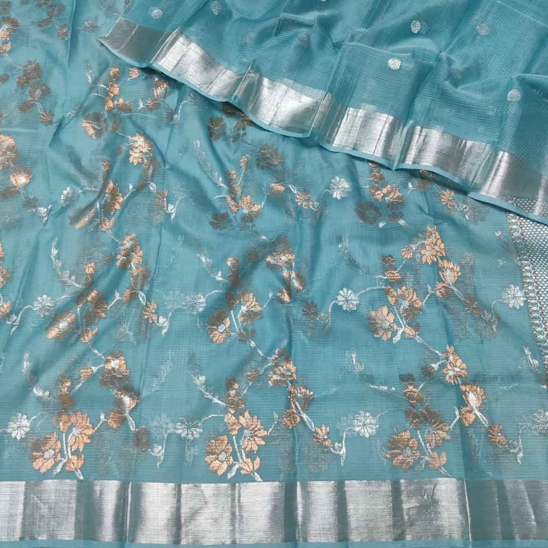 Blue Floral Motifs Handloom Silk Saree with Silver Detailing Zari Work
