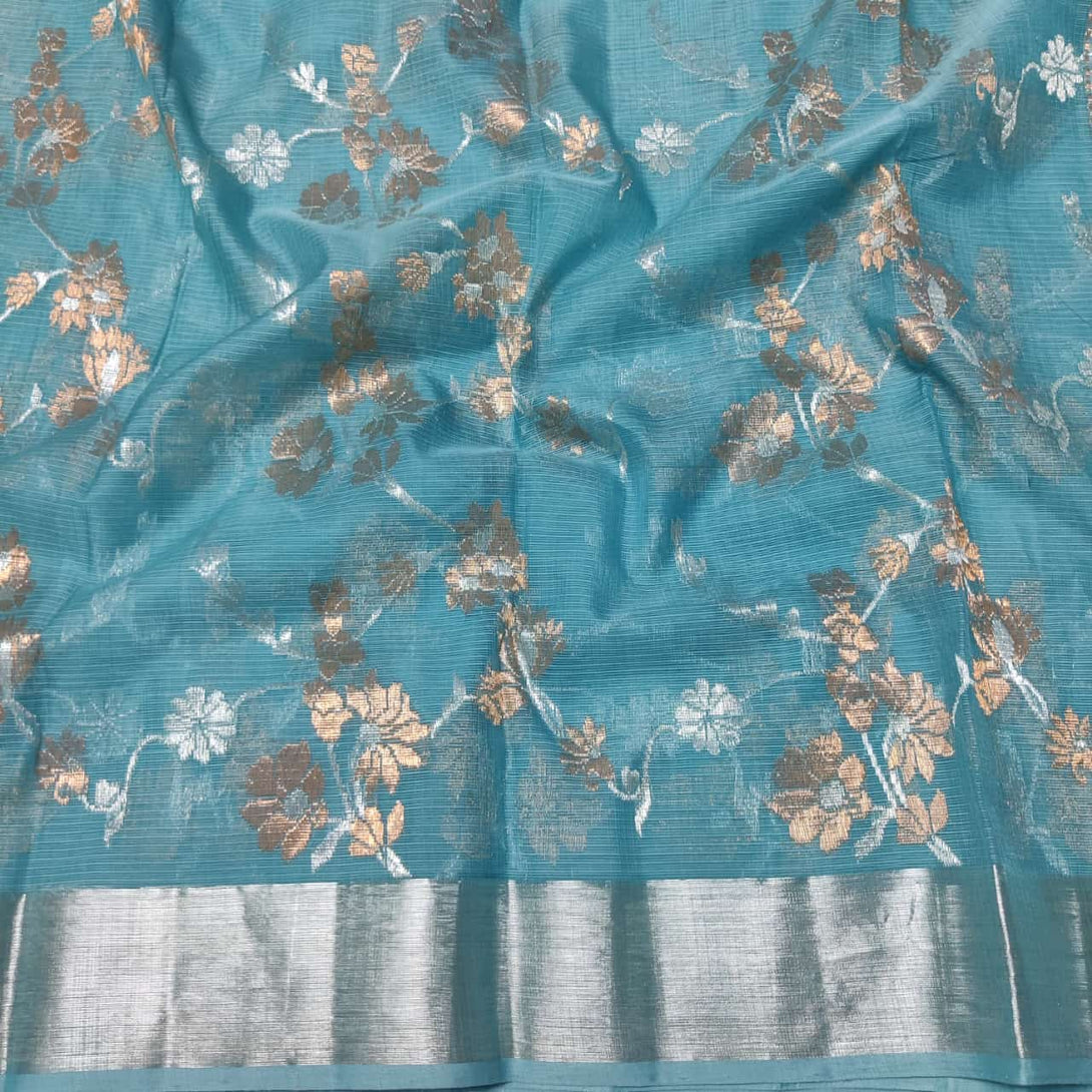 Blue Floral Motifs Handloom Silk Saree with Silver Detailing Zari Work

