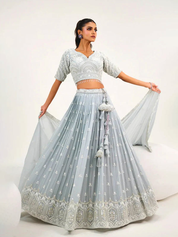 Blue Georgette Bridal Lehenga with Dori & Sequin Hand Embroidery
