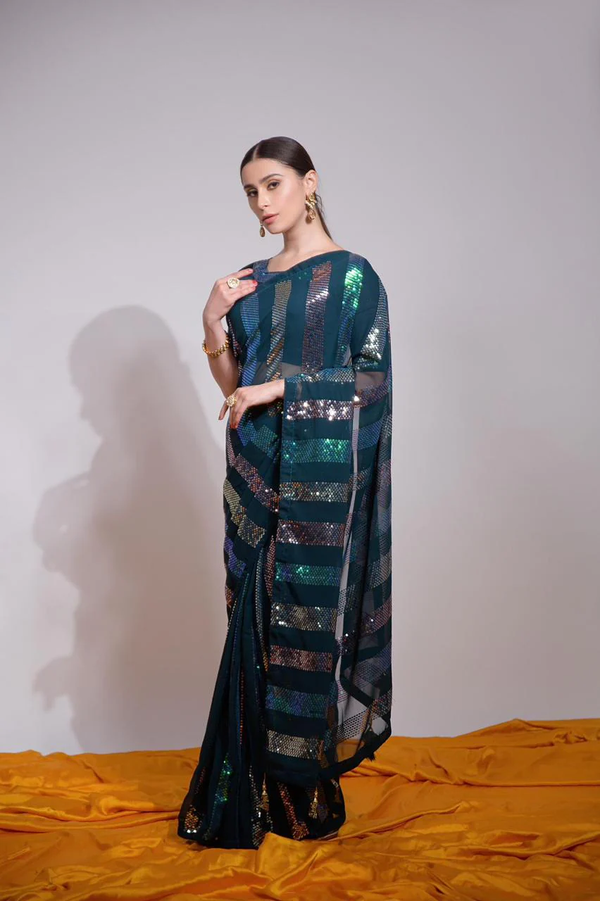 Blue Georgette Saree with All Over Sequin Work
