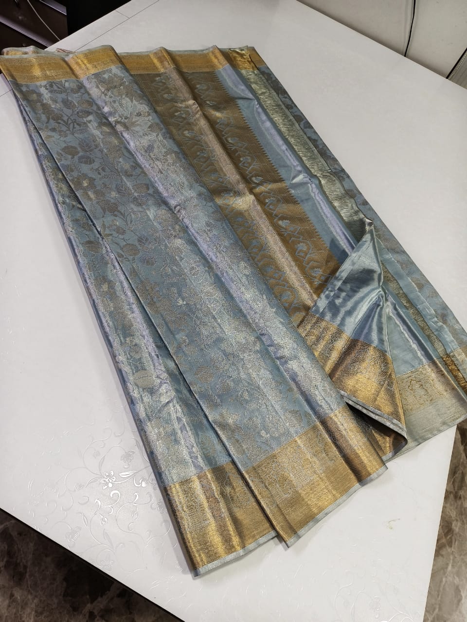 Blue Kanchipuram Silk Saree with Pure 2g Zari Work and Zari Border for Festive
